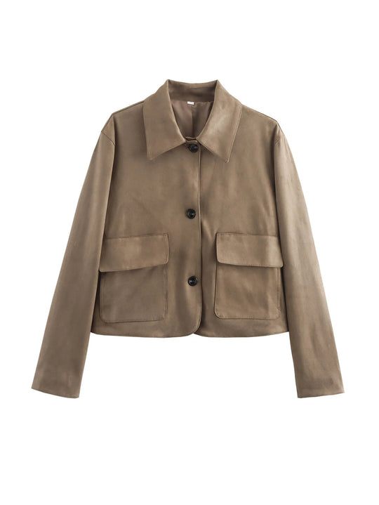 Damen modische Kurzjacke aus hochwertigem Wildlederimitat mit praktischen Taschen EB