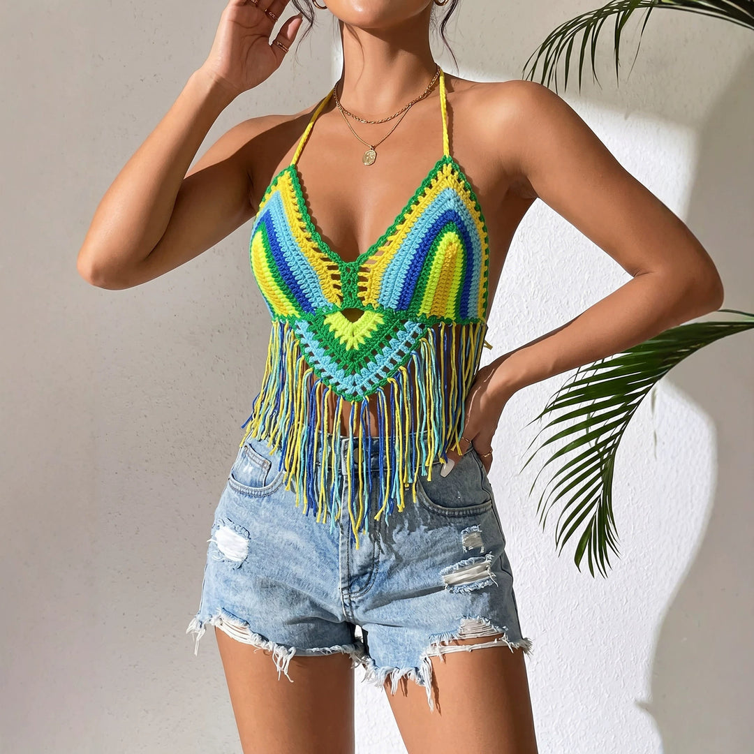 Damen gehäkeltes Crop-Top mit Fransen EB