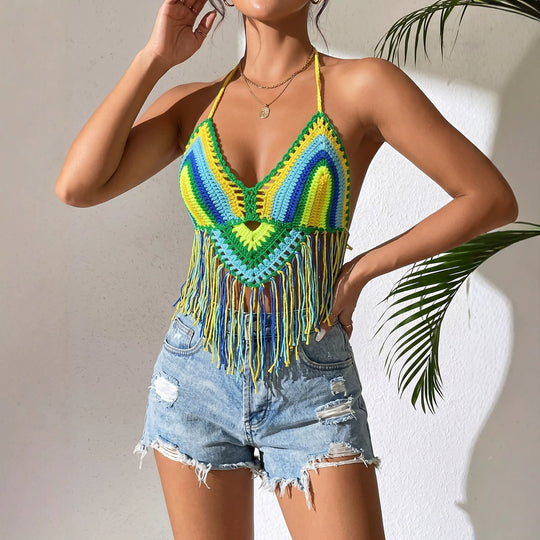 Damen gehäkeltes Crop-Top mit Fransen EB
