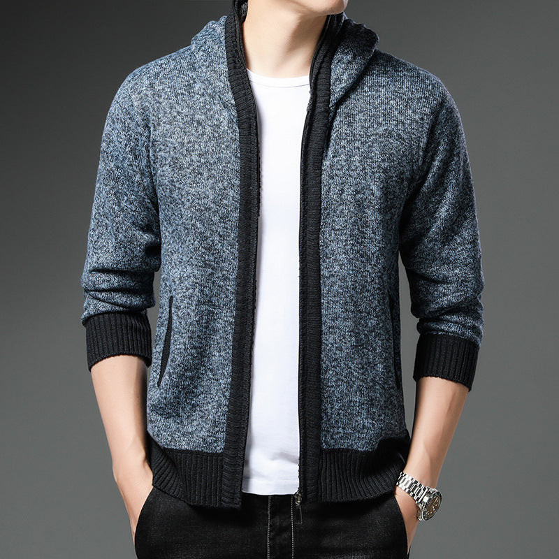 Herren Moderne Strickjacke mit Kapuze und schwarz-weißen Akzenten EB