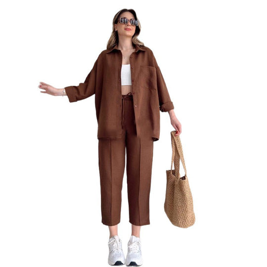 Damen lässiges Zweiteiliges Set aus übergroßem Hemd und bequemen Hosen EB