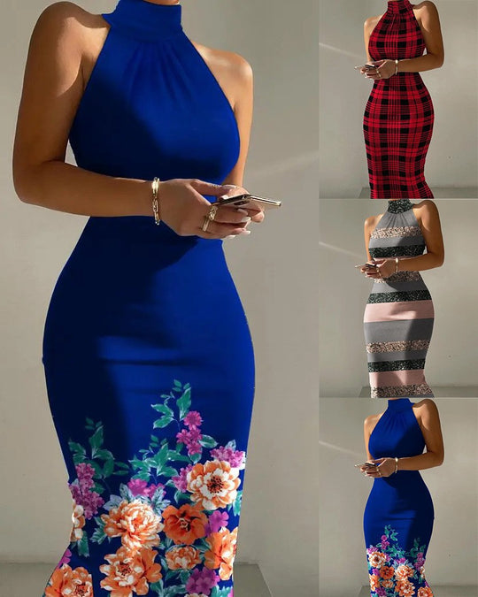 Damen figurbetontes Maxikleid mit hohem Kragen und floralem Saum EB