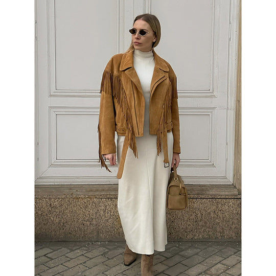 Damen Wildlederjacke mit Fransen und großzügigen Ärmeln EB