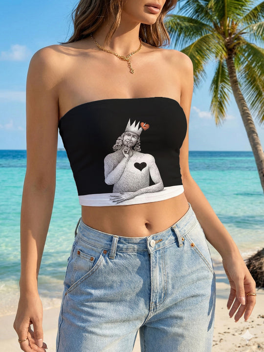 Damen Bandeau-Top mit floralem Vogelmotiv und elastischer Passform EB