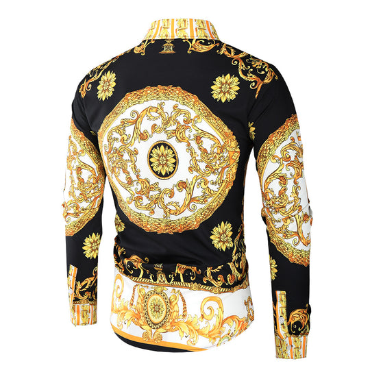 Herren nan barockes Langarm-Hemd mit ornamentalem Druck, Kentkragen und tailliertem Schnitt EB