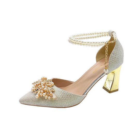 Damen elegante Pumps mit Perlenschmuck und glitzerndem Absatz EB