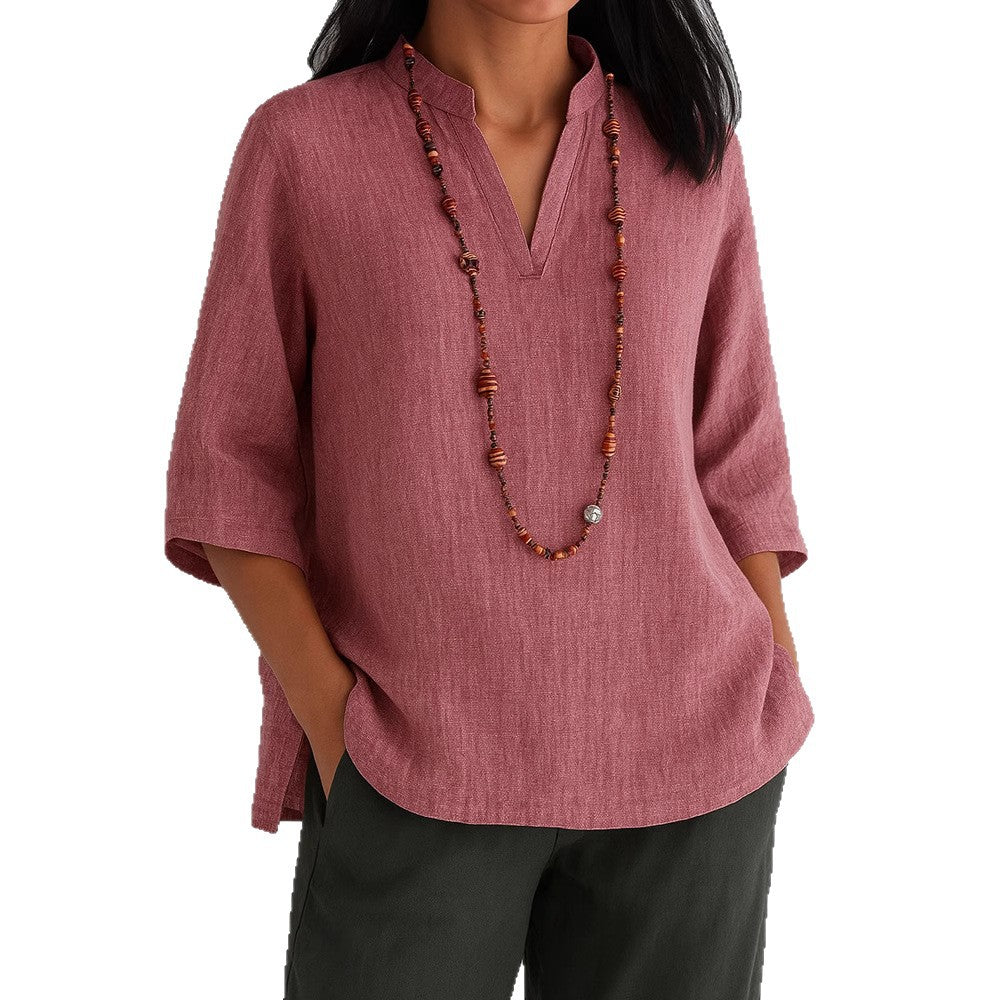 Damen lässige Bluse mit V-Ausschnitt und seitlichen Taschen EB