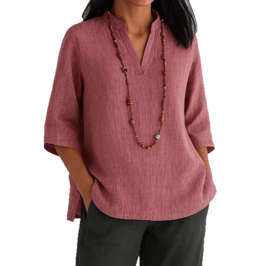 Damen lässige Bluse mit V-Ausschnitt und seitlichen Taschen EB