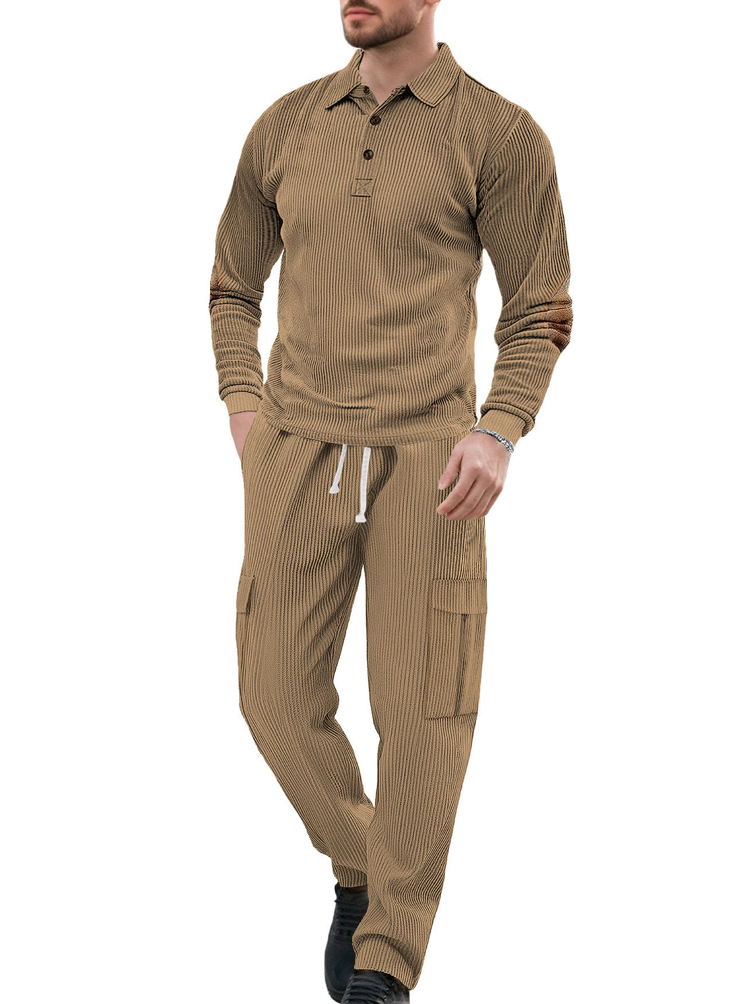 Herren nan geripptes Lounge-Set mit Polokragen Ellenbogenpatches und Cargohose EB