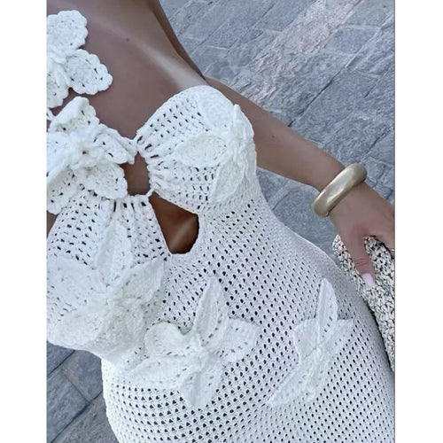 Damen Häkel-Maxikleid mit floralem Ausschnitt EB