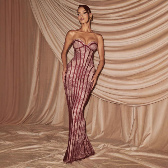 Damen figurbetontes Spitzenkleid mit Bustier-Oberteil und eleganten Details EB