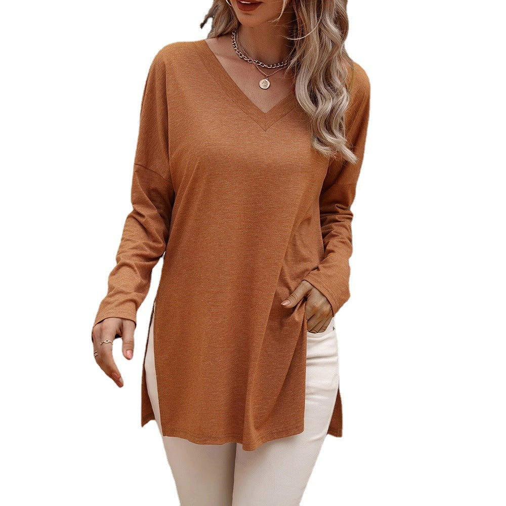 Damen lässige V-Neck Longsleeve-Tunika mit Seitenschlitzen und relaxed Fit Eichborn Berlin