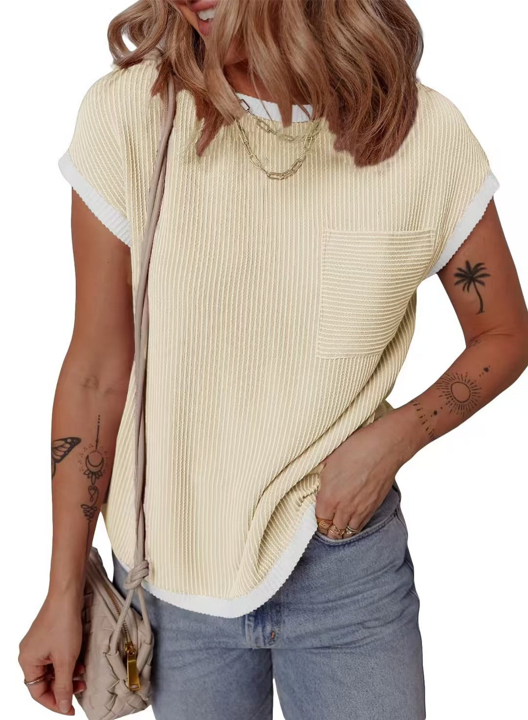 Damen modisches T-Shirt mit strukturiertem Material und Brusttasche EB