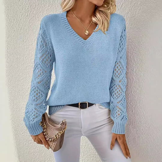 Damen Eleganter Strickpullover mit V-Ausschnitt und gehäkelten Ärmeln EB