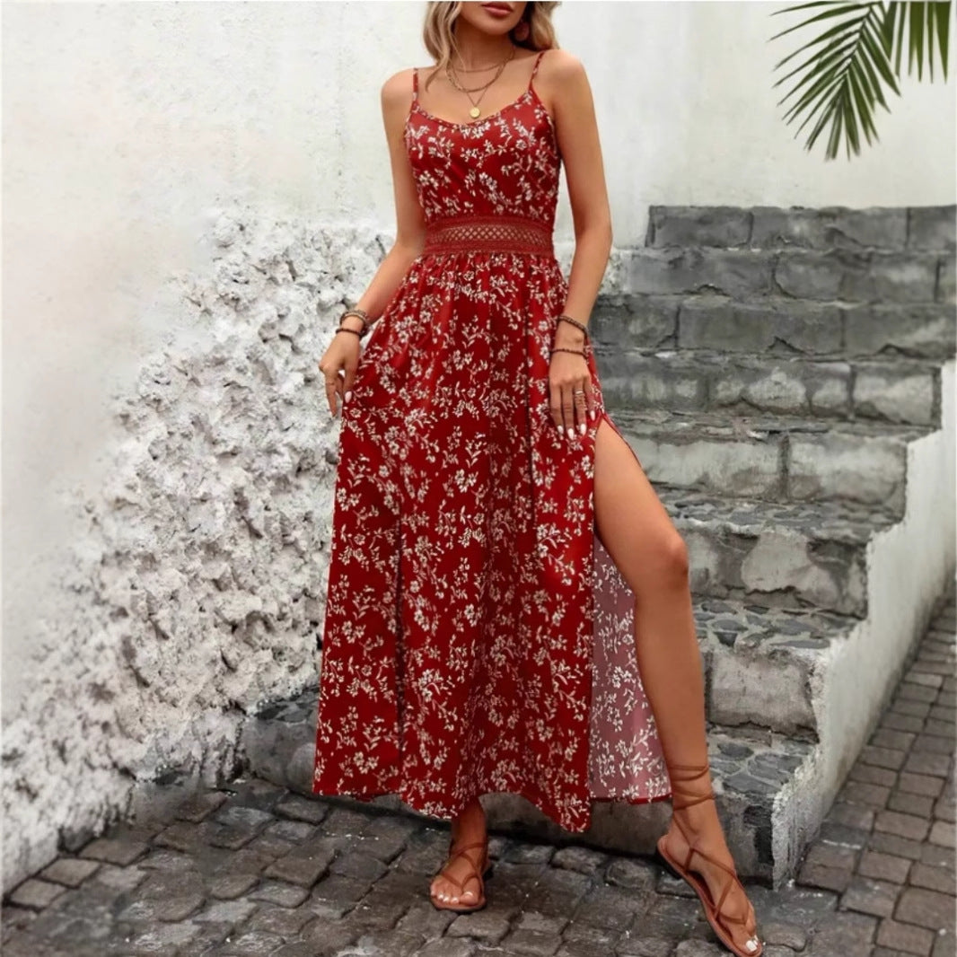 Damen Sommermaxikleid mit floralem Design und raffiniertem Schlitz EB
