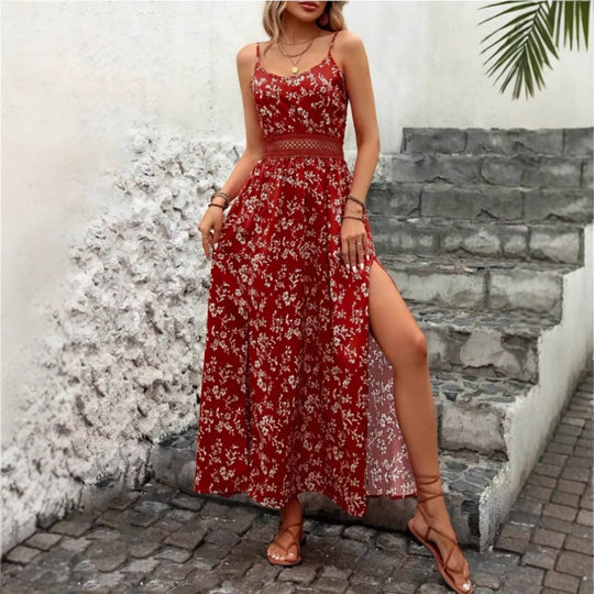 Damen Sommermaxikleid mit floralem Design und raffiniertem Schlitz EB