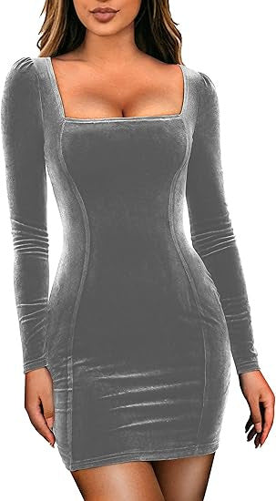 Damen Figurbetontes Samt-Minikleid mit quadratischem Ausschnitt und leichten Puffärmeln EB