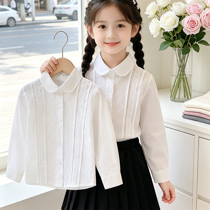 Mädchen elegante Hemdbluse mit feinem Spitzenbesatz EB