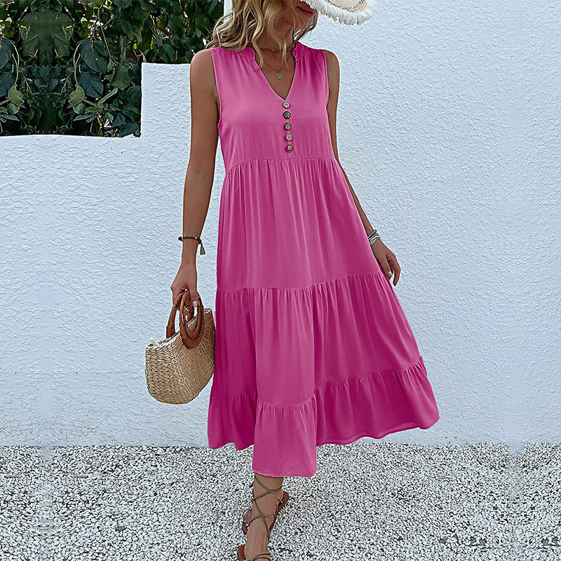 Damen Maxikleid mit Knopfdetail und voluminösem Rock EB