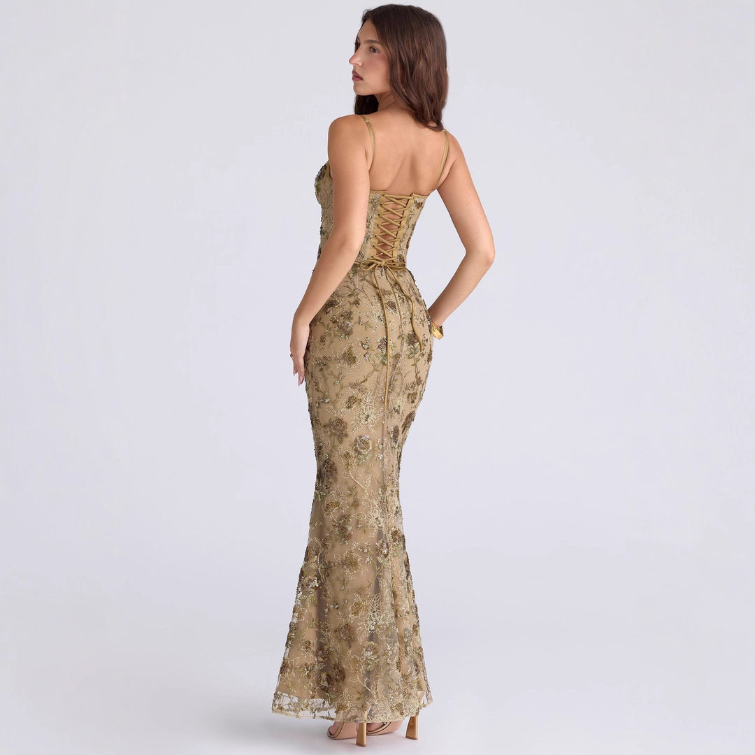 Damen nan besticktes Corsagenabendkleid mit transparenter Spitze und figurbetonter Silhouette EB