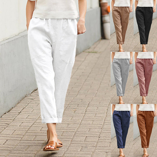 Damen nan leichte Leinenhose mit elastischem Bund, seitlichen Eingrifftaschen und gekrempeltem Saum EB