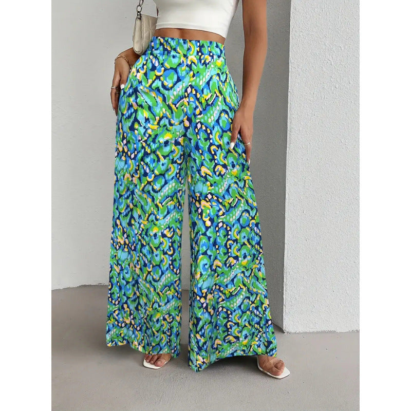 Damen Weite Palazzo-Hosen mit farbenfrohem Muster und hohem Taillenbund EB