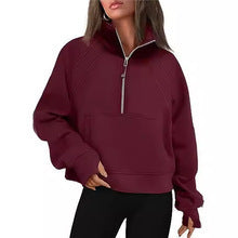 Damen nan weit geschnittenes Kurzpullover mit Stehkragen, halbem Reißverschluss und Kängurutasche EB