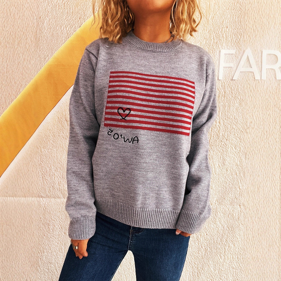 Damen lässiger Pullover mit gestreiftem Design und Herzapplikation EB