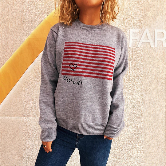 Damen lässiger Pullover mit gestreiftem Design und Herzapplikation EB