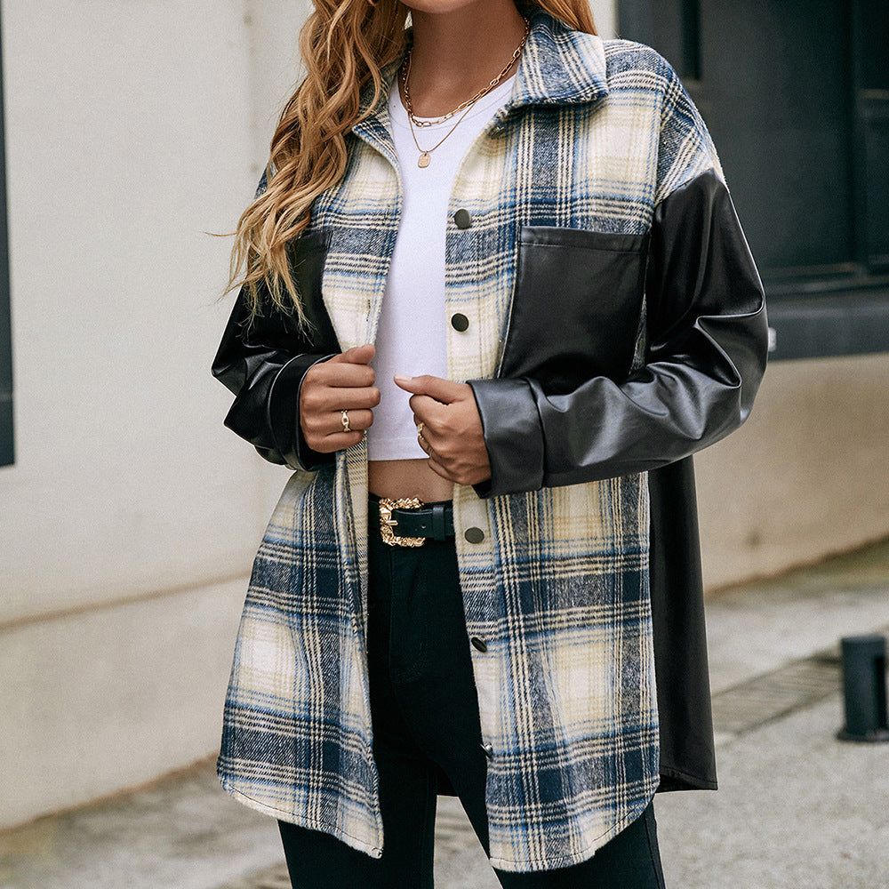 Damen Overshirt mit Kunstleder-Ärmeln und Karomuster EB