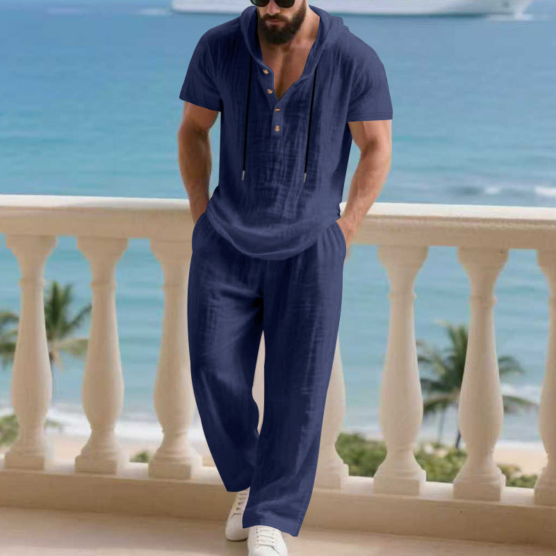 Herren komfortables Freizeit-Set mit modischem Henley-Oberteil und lockeren Hosen EB