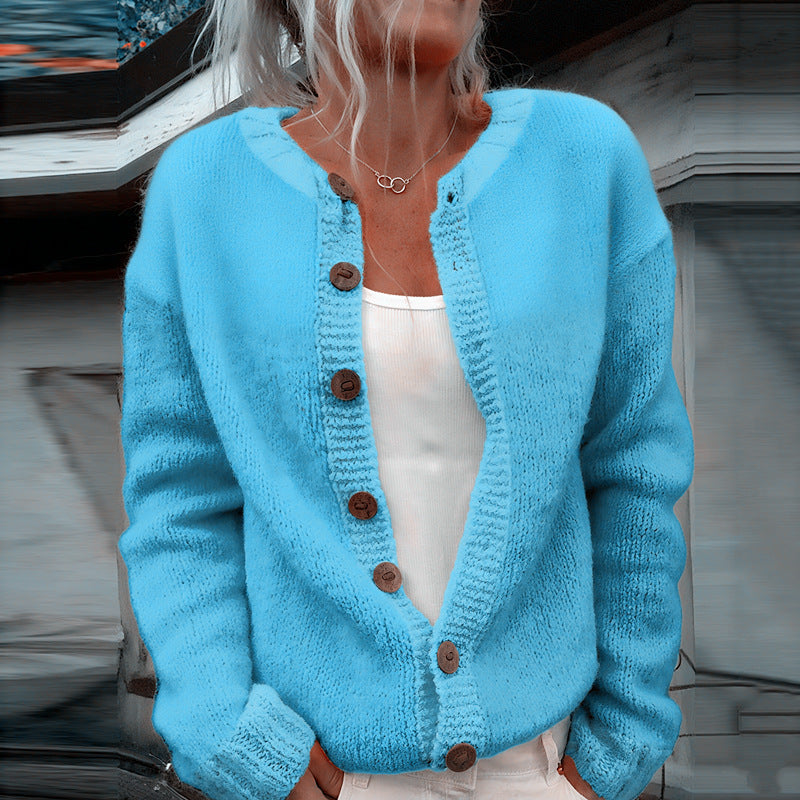 Damen nan kuscheliger Strickcardigan mit Zierholzknöpfen und Rundhalsausschnitt EB