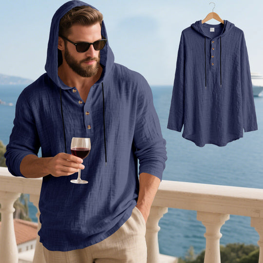 Herren nan lässiges Kapuzen-Henleyshirt in Leinenoptik mit durchgehender Knopfleiste und relaxed Fit EB