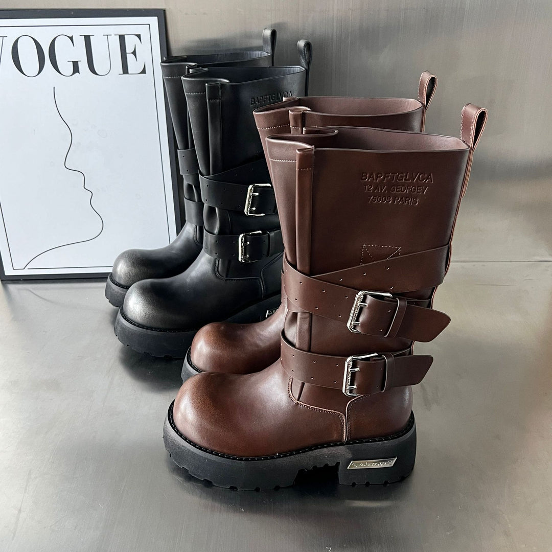 Damen Modische Biker-Stiefel mit robustem Profil und verstellbaren Schnallen EB