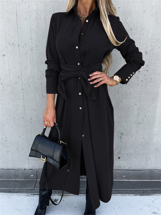 Damen Hemdkleid mit Wickelgürtel und Knopfleiste EB