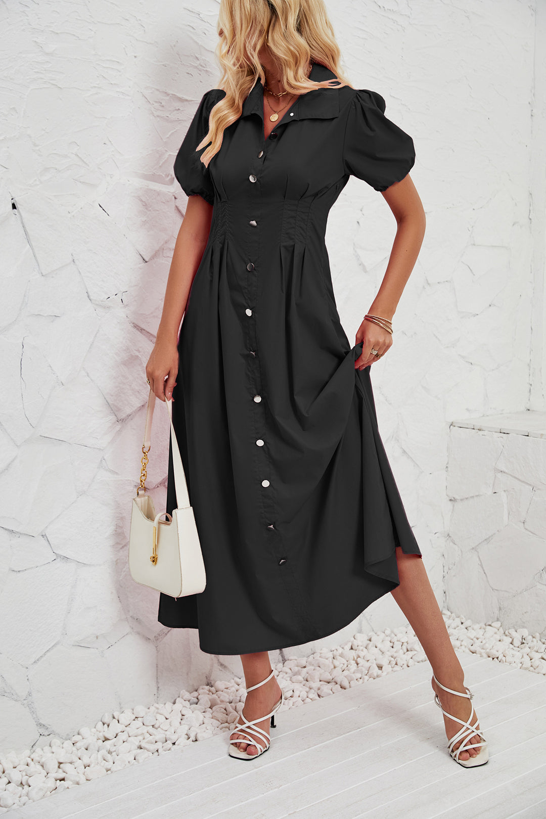 Damen Maxikleid mit schickem Hemdkragen und volumetrischen Puffärmel EB