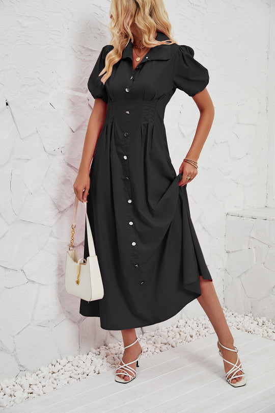 Damen Maxikleid mit schickem Hemdkragen und volumetrischen Puffärmel EB