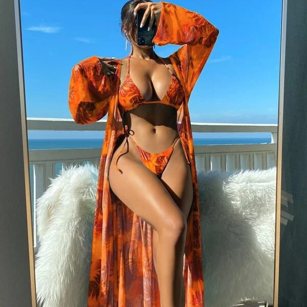 Damen Bikini-Set mit transparentem Kaftan und floralem Design EB