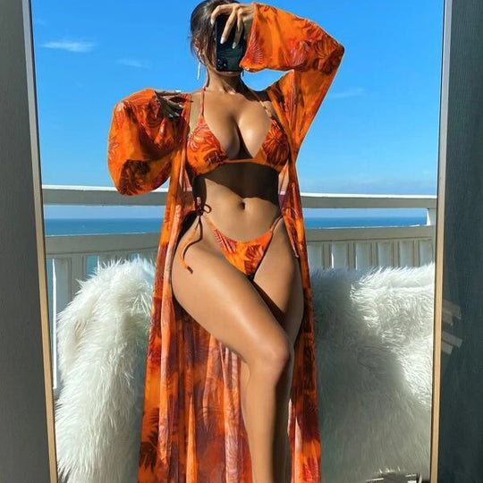 Damen Bikini-Set mit transparentem Kaftan und floralem Design EB