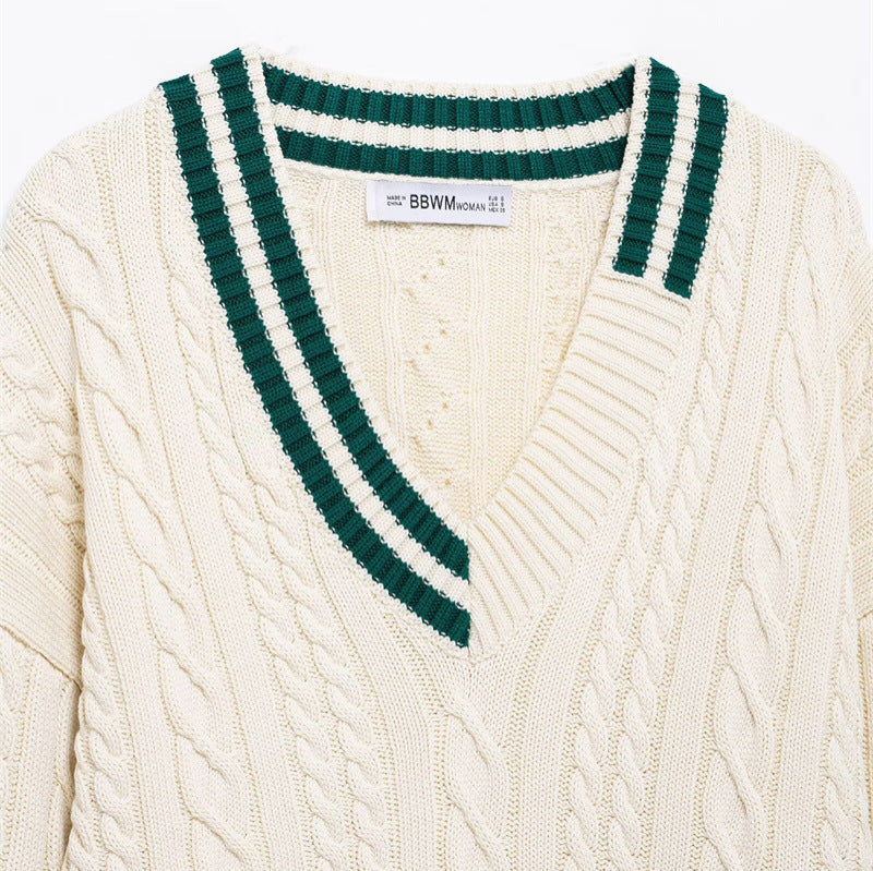 Damen Strickpullover mit V-Ausschnitt und strukturiertem Zopfdesign EB