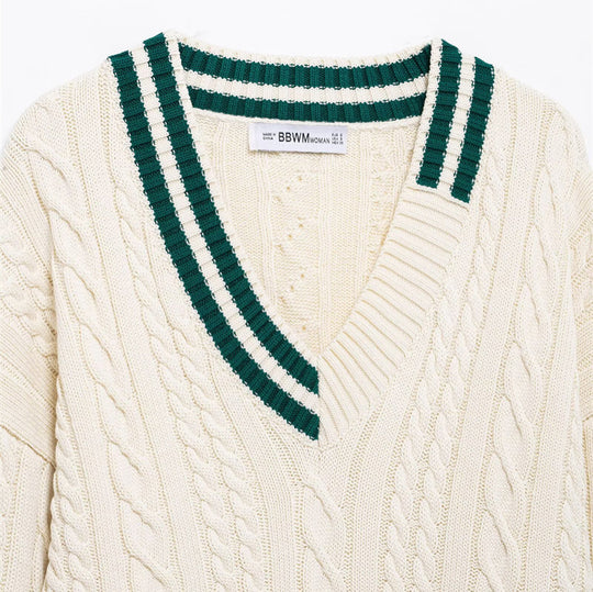 Damen Strickpullover mit V-Ausschnitt und strukturiertem Zopfdesign EB