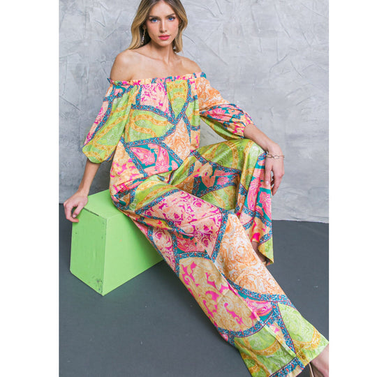 Damen Off-Shoulder Jumpsuit mit weitem Bein und buntem Muster EB