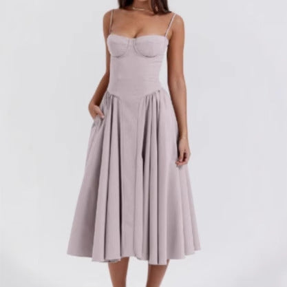 Damen Midikleid mit trägerlosem Design und voluminösem Faltenrock EB