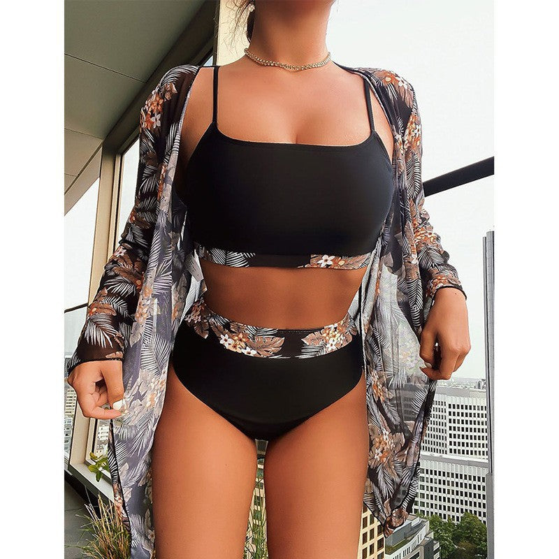 Damen Bikini-Set mit floralem Überrock und hohem Taillenschnitt EB