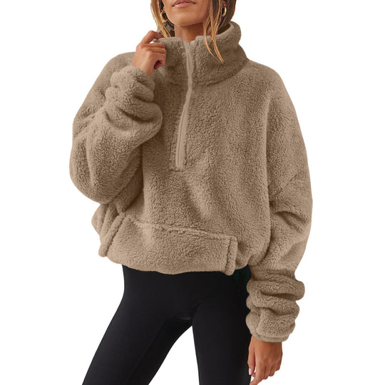 Damen nan Oversize-Halbzip Teddy-Fleecepullover mit Kängurutasche und hohem Stehkragen EB