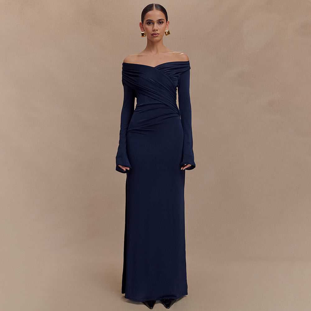 Damen elegantes Maxikleid mit off-shoulder Design und Wickeldetails EB