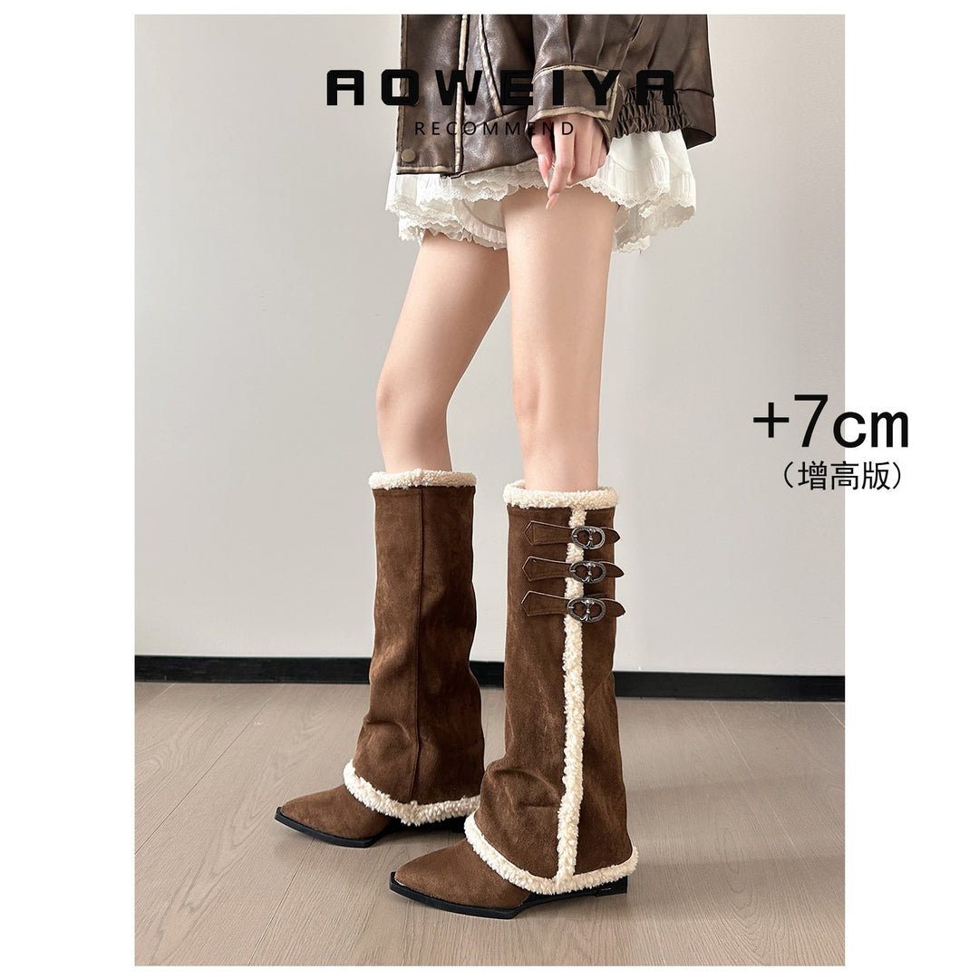 Damen hohe Stiefel mit weichem Kunstfellkragen und detaillierter Schnürfront EB