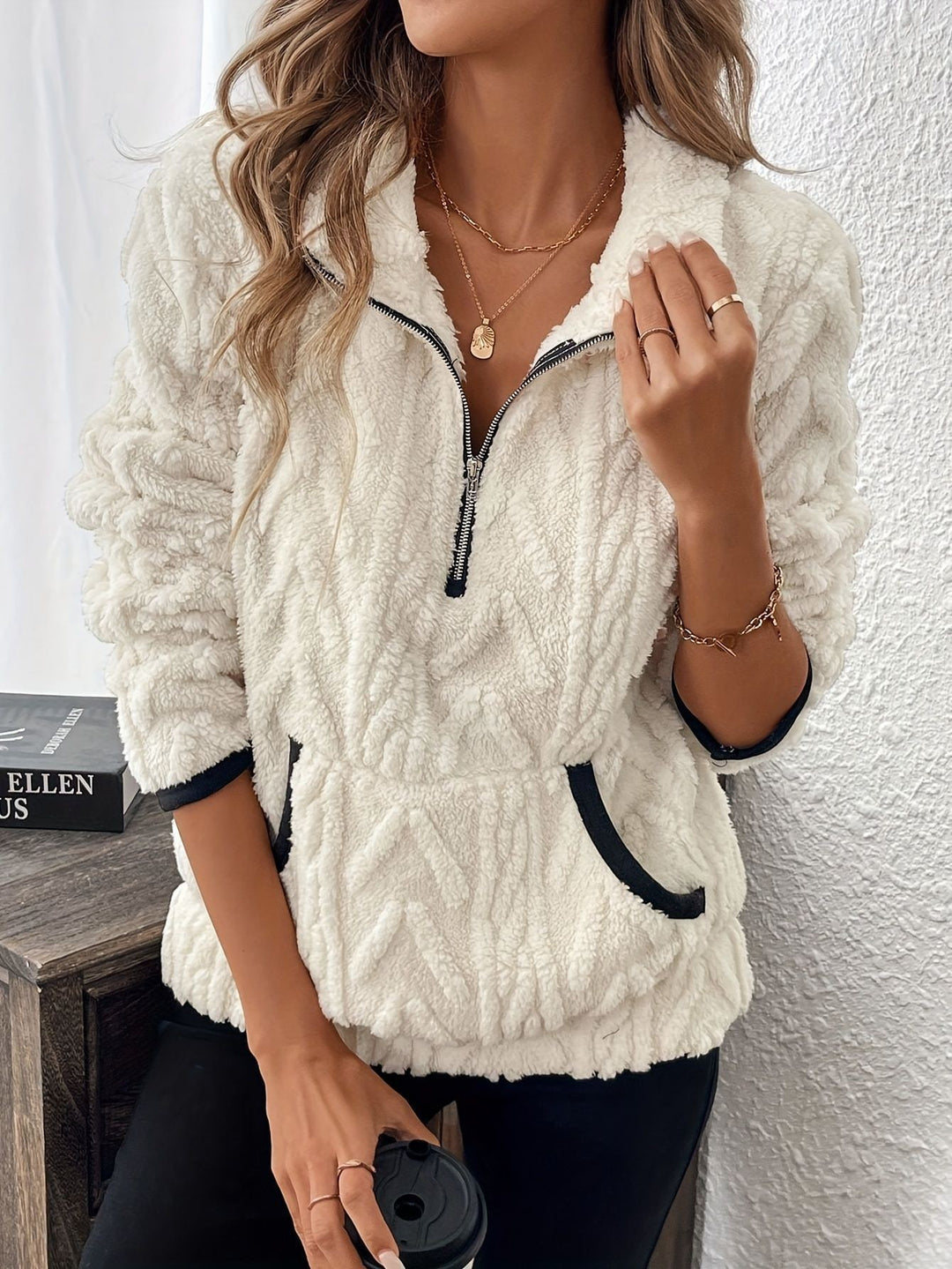 Damen Fleece-Pullover im modernen Strickdesign mit Reißverschluss EB