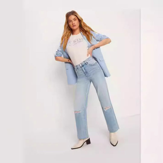Damen Weit geschnittene High-Waist Jeans mit modischen Destroyed-Details EB