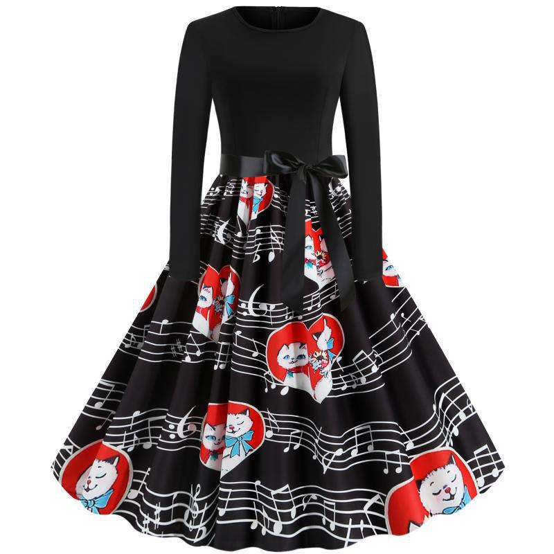Damen Retro Swing-Kleid im Vintage-Stil mit A-Linie, langärmlig und Taillenschleife EB